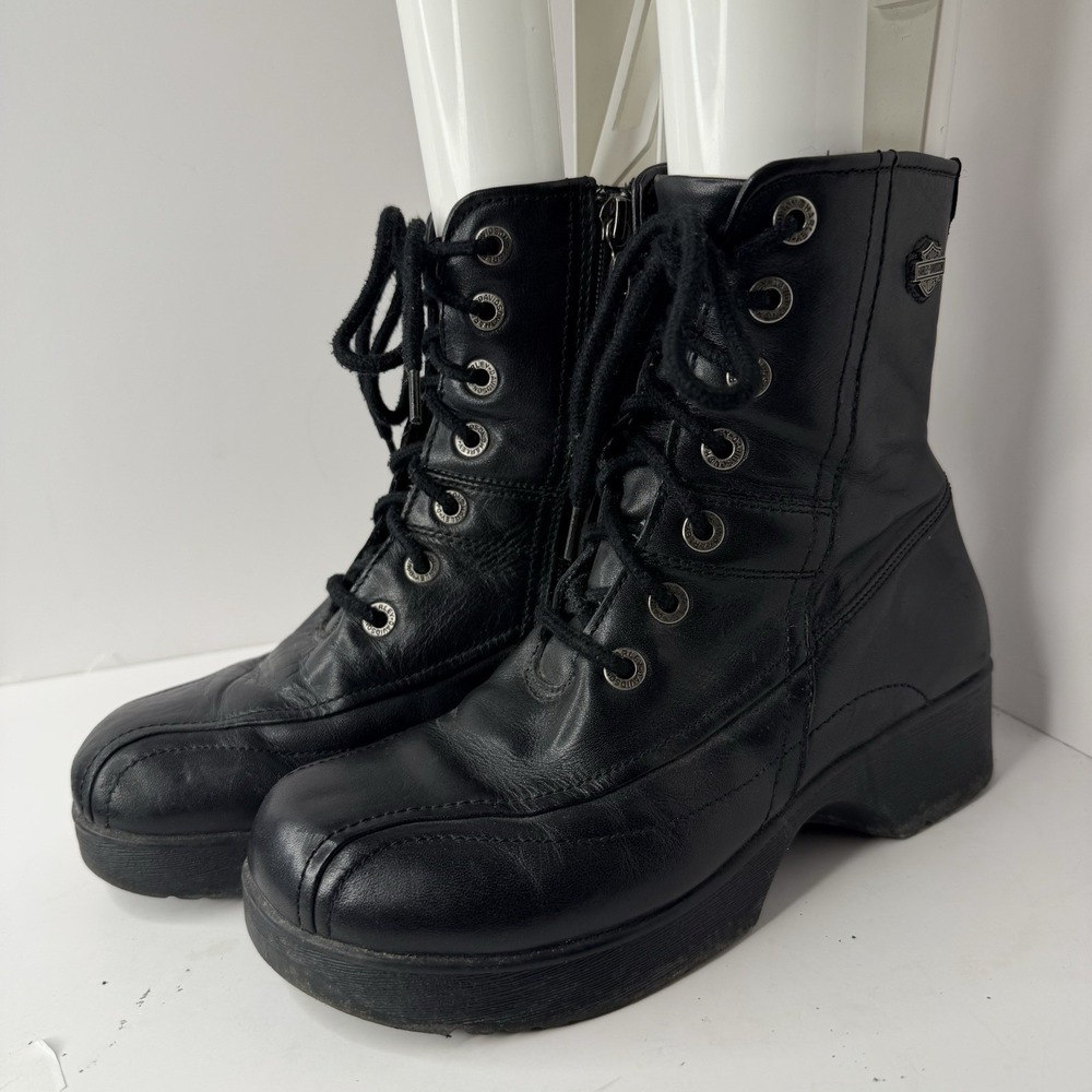 Harley-Davidson 2000's Vintage Women's Black Leather Chunky Platform Boots 6.5